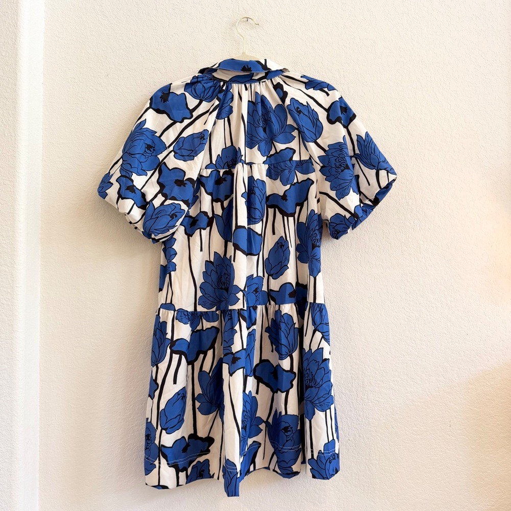Wenrine Blue White Floral Button Up Tiered Shirt Dress Size Medium RT1078 - Picture 8 of 11